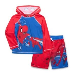 NWT. MARVEL Spider-Man Kids Rashguard and Swim Trunks Set